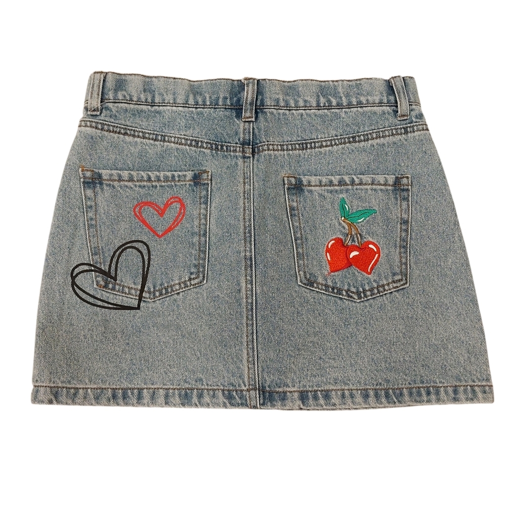 Forever 21 Girls Blue Jean Shorts - Size 13/14, Hearts & Cherries Design - Picture 2 of 7